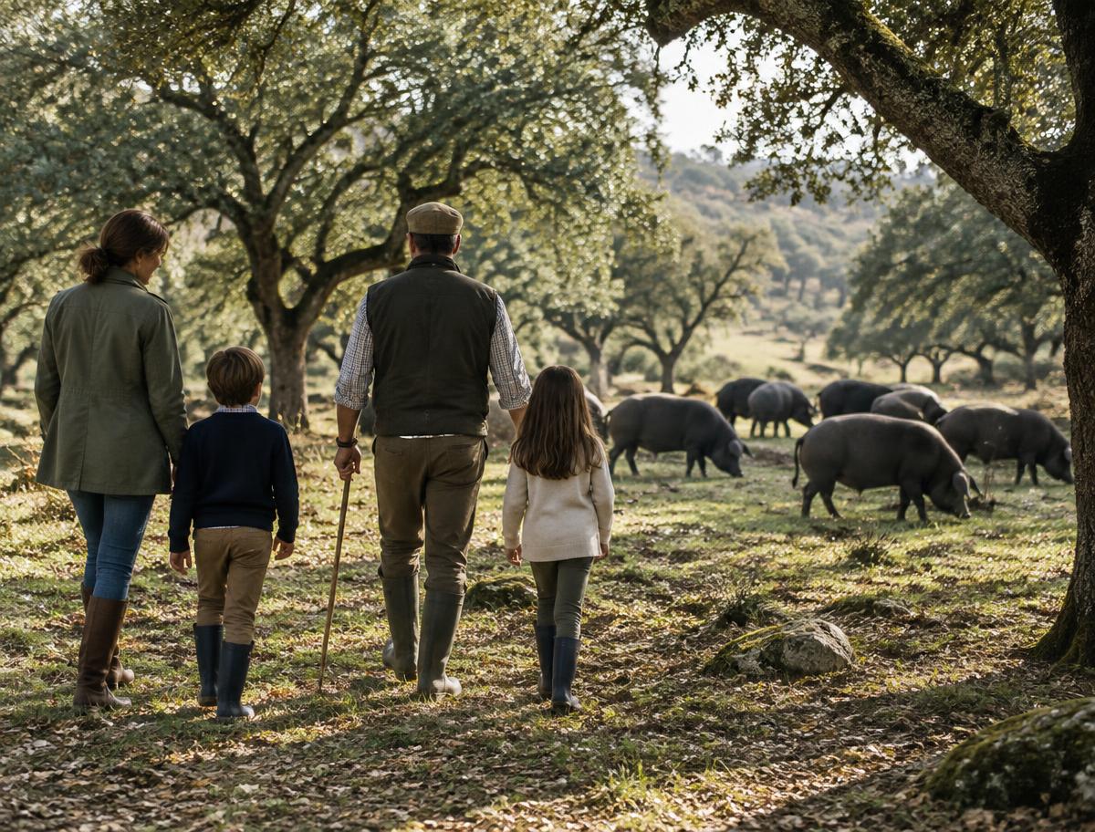 Familia visitando la finca en la dehesa